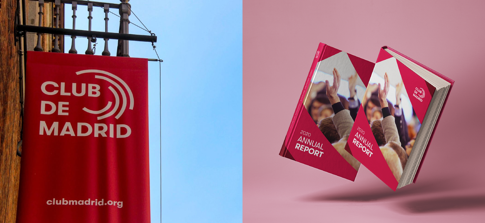 Club de Madrid identity applied to a street banner and annual report covers.