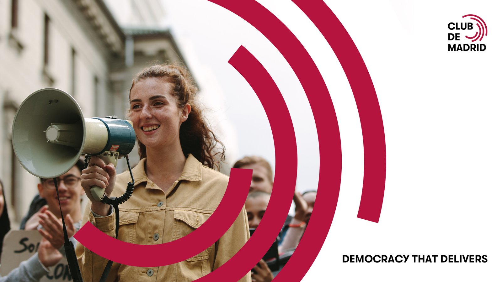 Club de Madrid key visual featuring the circular identity system and Democracy That Delivers message.
