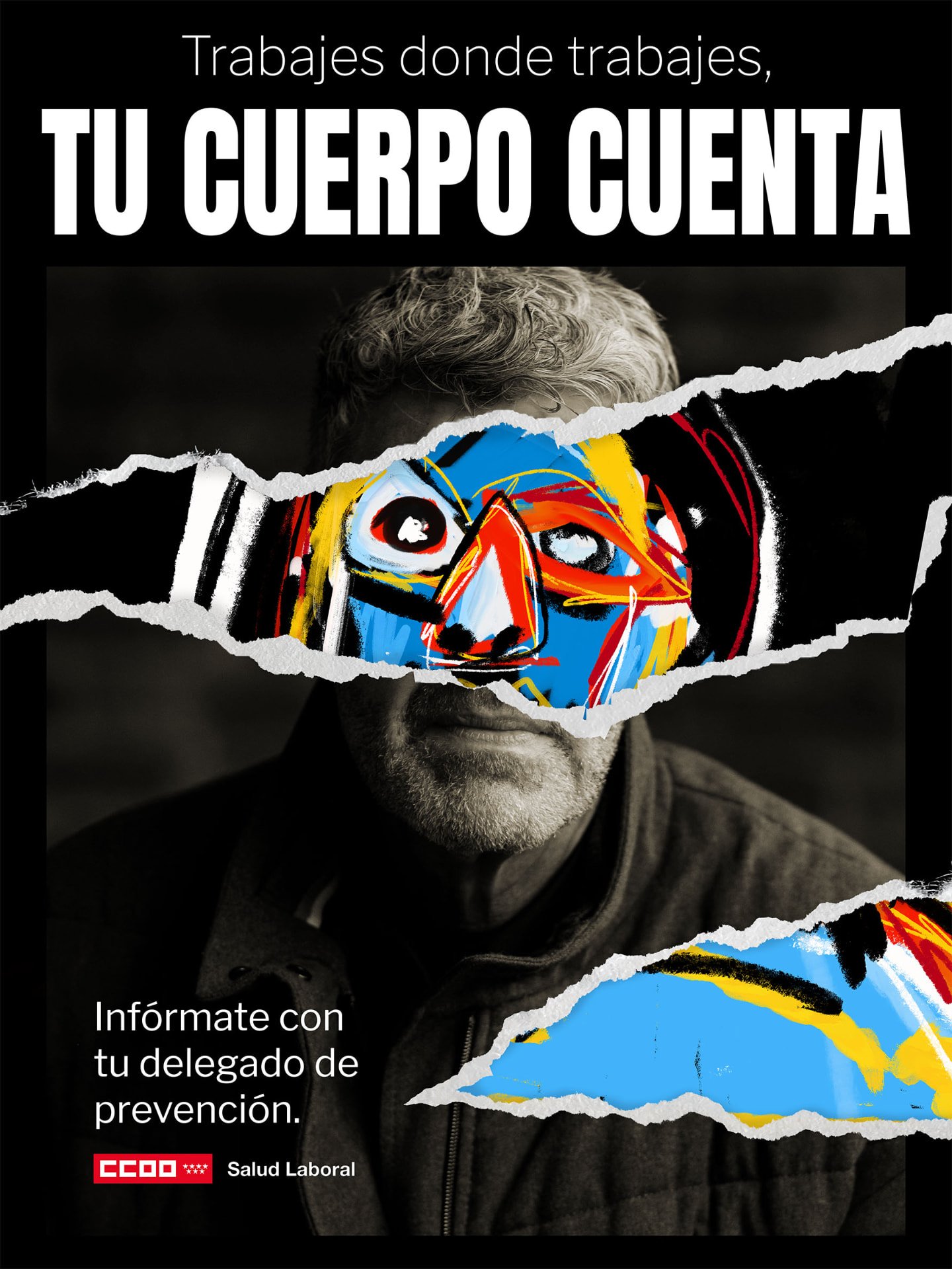 Tu cuerpo cuenta campaign visual with a torn photographic portrait revealing an abstract layer underneath.
